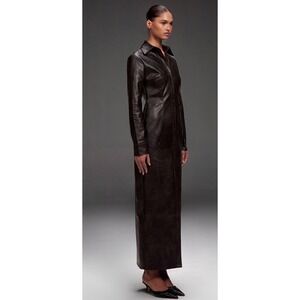 PrettyLittleThing Black Wash Faux Leather Button Up Maxi Dress Shirt Trench Coat